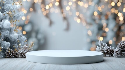 Wintery display a white platform, frosted trees, pine cones, and bokeh lights in the background