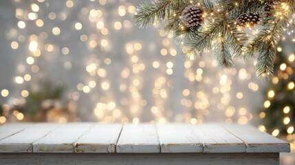 Christmas setup White wooden table, pine bough, lights, and blurry background