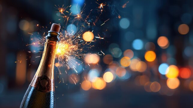 Champagne cork pops in a blur of sparks against a bokeh-lit night background