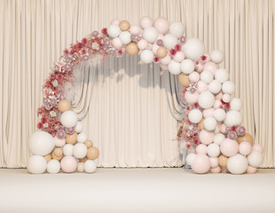 Elegant Balloon Arch with Pink and Beige Pastel Flowers for Wedding or Birthday Party Decoration