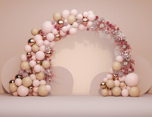 Elegant Balloon Arch with Pink and Beige Pastel Flowers for Wedding or Birthday Party Decoration
