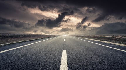 Fototapeta premium Expansive empty roadway stretching under moody overcast sky with long perspective and atmospheric depth, natural diffused lighting landscape concept