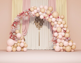 Elegant Balloon Arch with Pink and Beige Pastel Flowers for Wedding or Birthday Party Decoration
