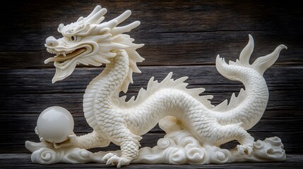 Elegant White Dragon Figurine with Pearl Sculpture
