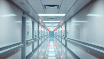 Blurred hospital corridor, sterile white walls, distant lights,  hospital room, hospital