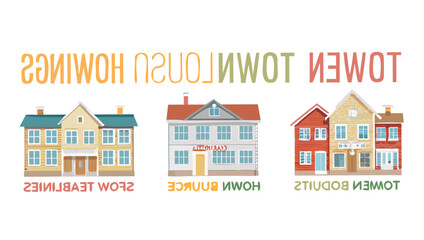 Three cartoon houses with mirrored text buildings architecture