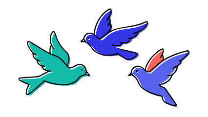 Three colorful birds flying in unison teal blue