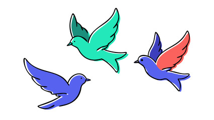 Fototapeta premium Three colorful birds flying with wings spread teal purple