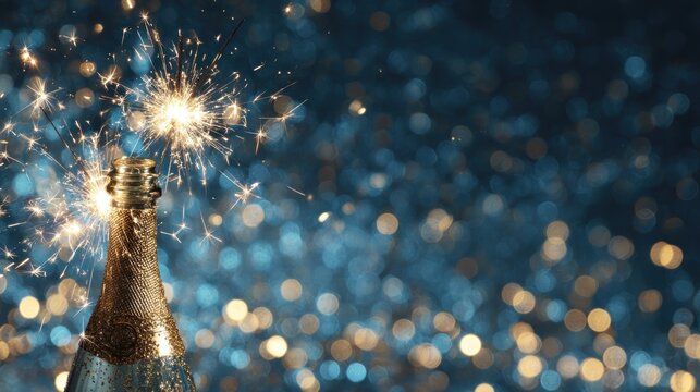 Celebration Sparklers erupt from a gold champagne bottle against a bokeh background