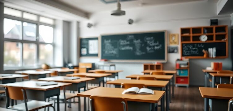 Blurred classroom with desks, books, and chalkboard,   wisdom,   tileable