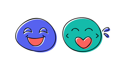 Two happy cartoon faces with coral mouths smiling laughing
