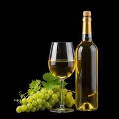 Elegant white wine bottle glass and grapes on black background