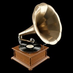 Antique gramophone with brass horn and vinyl record