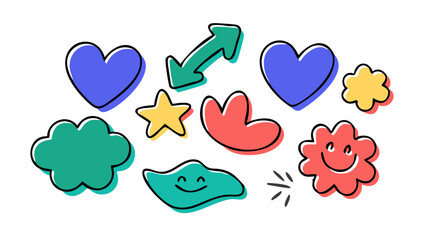 Vibrant doodle shapes hearts star arrow cloud flower vector