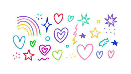 Vibrant Hand Drawn Icons Rainbow Hearts Stars Lightning Bolts circle