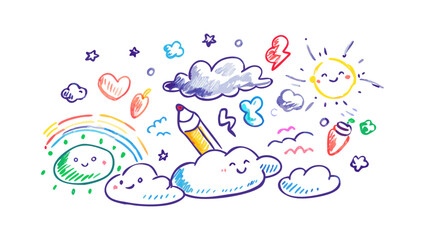 Whimsical crayon drawing of happy sun clouds and rainbow vector