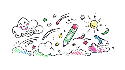 Whimsical crayon drawing with sun and pencil doodle clouds