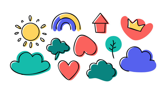 Whimsical doodle icons sun rainbow house hearts clouds tree vector