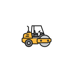 Fototapeta premium A vibrant yellow road roller icon, depicted in a clean, modern flat design style, representing heavy construction machinery used for compacting various surfaces.