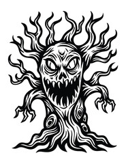 Spooky Halloween haunted tree illustration with a monstrous face and grasping branches, perfect for scary seasonal designs.