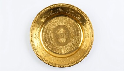 Ornate golden decorative plate with embossed details, perfect for elegant table settings.
