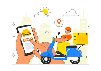 Food Delivery Service Illustration Featuring Online Food Ordering through a Mobile App and Fast Delivery to Your Preferred Location in a Background