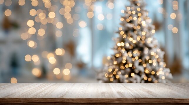 Blurred xmas tree background over empty wooden table