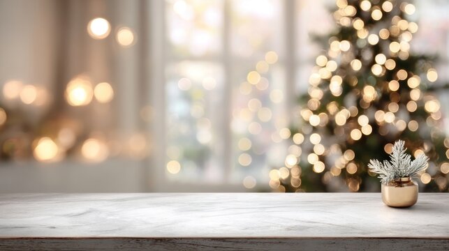 Festive scene marble surface, blurred lit tree, cozy window, golden pot with plant