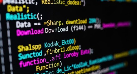 Close-up abstract blurred software code on dark screen