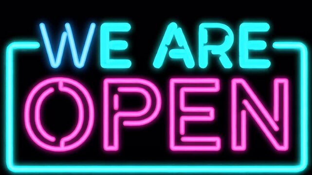 Eye Catching Neon Open Sign with Glowing Cyan and Pink Lights Against Black Background Perfect for Store Promotions and Business Welcoming Visual Signage with Electric Effect
