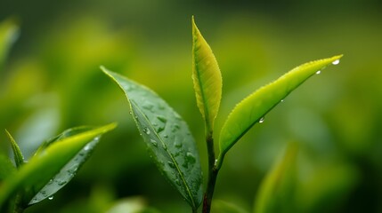 Fototapeta premium Fresh tea bud and leaves close-up with morning dew drops in vibrant green color, soft natural side lighting and blurred background for organic agriculture themes