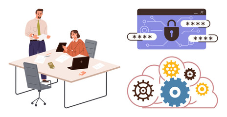 Two professionals discussing work at a desk, browser with password and lock icon, cloud with gears. Ideal for cybersecurity, workflow, technology, teamwork, protection, planning system optimization