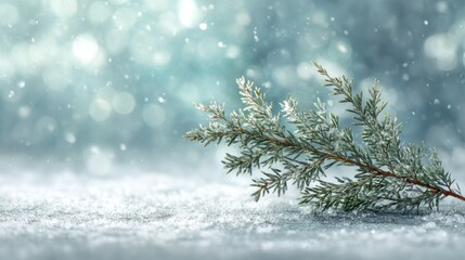 Snowy branch with bokeh lights. Frozen ground texture. Winter blue background with falling snowflakes