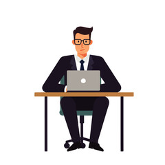 Cartoon illustration of a businessman in a suit sitting at a desk and working on a laptop computer.