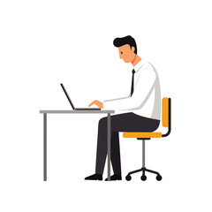 Man in shirt and tie sits at desk, typing on a laptop computer, working or studying.