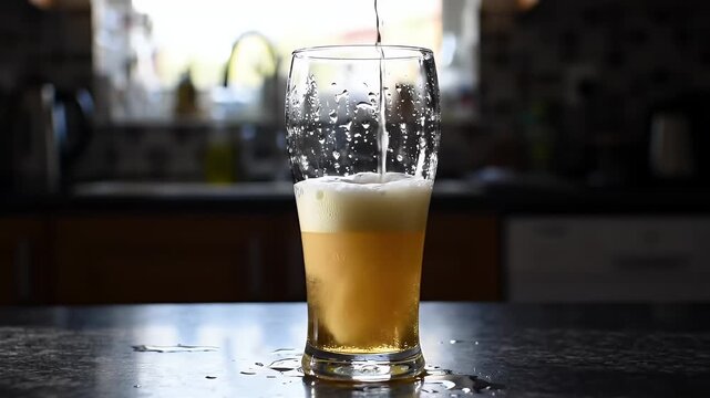 Foamy Amber Liquid Cascading into Clear Glass with Droplets on Dark Surface Perfect for Beverage Commercials and Refreshment Concepts and Celebrating National Beer Day, Ads and Promotion