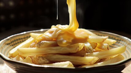 Golden French Fries Drenched in Creamy Melted Cheese in a Stylish Bowl Close Up Shot Perfect for Food Ads and Promotions Celebrating National Fry Day a Culinary Indulgence
