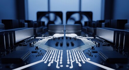 Close-up of complex circuit board with cooling fans in the background