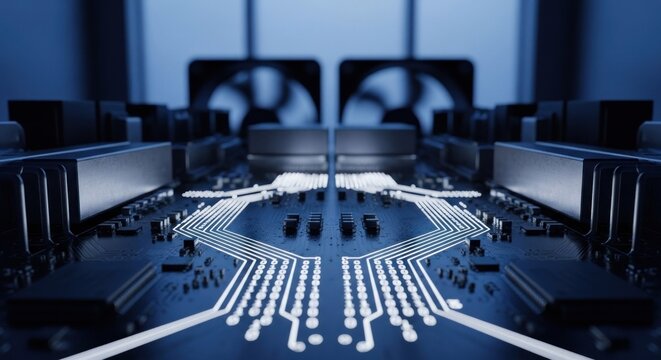 Close-up of complex circuit board with cooling fans in the background