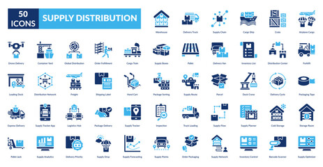 supply distribution fill icon set. Warehouse, Delivery Truck, supply Chain, Cargo Ship, Crate, Airplane Cargo, Forklift