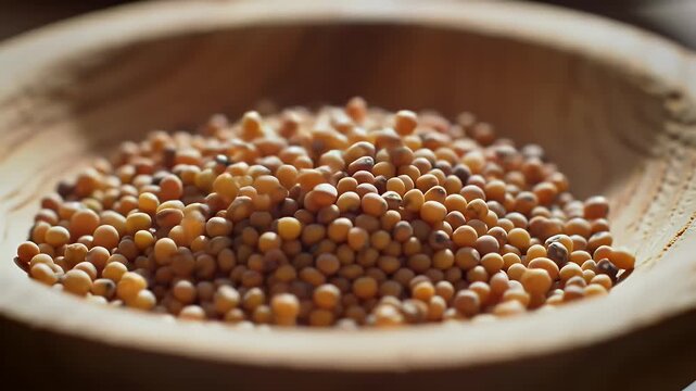 Golden Mustard Seeds Falling into Rustic Wooden Bowl Under Warm Studio Lighting Perfect for Culinary Presentations and Spice Advertisements with Natural Texture and Flavor