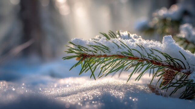 A close-up of a snow-dusted evergreen branch in a sunlit winter forest, showcasing delicate needles and a soft, sparkling snow cover