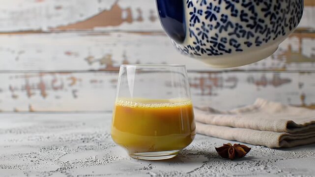 Golden Turmeric Latte Gently Poured Into Clear Glass with Blue and White Ceramic Teapot Star Anise on Textured White Tabletop and Rustic Wooden Background for Advertisement and Promotion