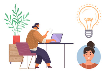 Man seated at desk working on laptop, lightbulb representing creativity, profile image for communication, potted plant. Ideal for workplace, innovation, tech, teamwork, education remote work simple