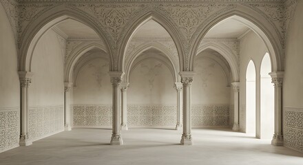 Empty square room with classic architecture featuring archs. Gypsum fretwork on the wall