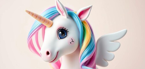 Pastel rainbow mane and horn, sparkling eyes, tiny wings, playful pose, whimsical style, mythical, unicorn