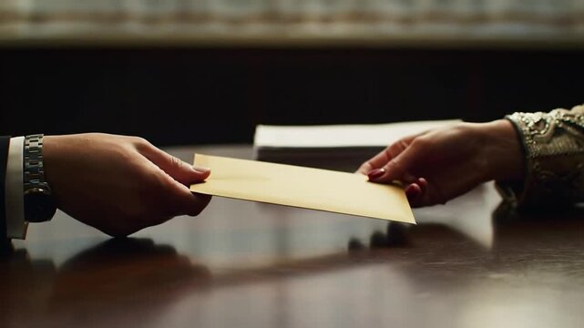 Golden Envelope on Table Between Two People, Financial Settlement Concept