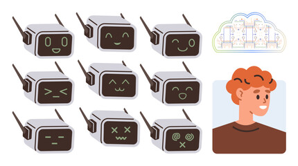 Multiple robots with varied face emotions expressing emotions, a human character smiling, and a cloud interface. Ideal for AI development, user interaction, emotion recognition, robotics, IoT