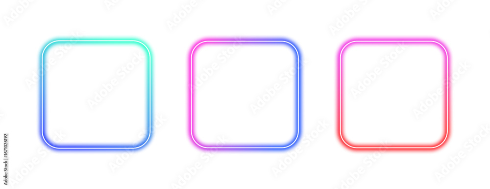 Wall mural collection of colorful gradient glowing square frame elements on a transparent background