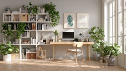 Fototapeta premium Bright, airy home office with bookshelves, plants, desk, chair, computer, and natural light